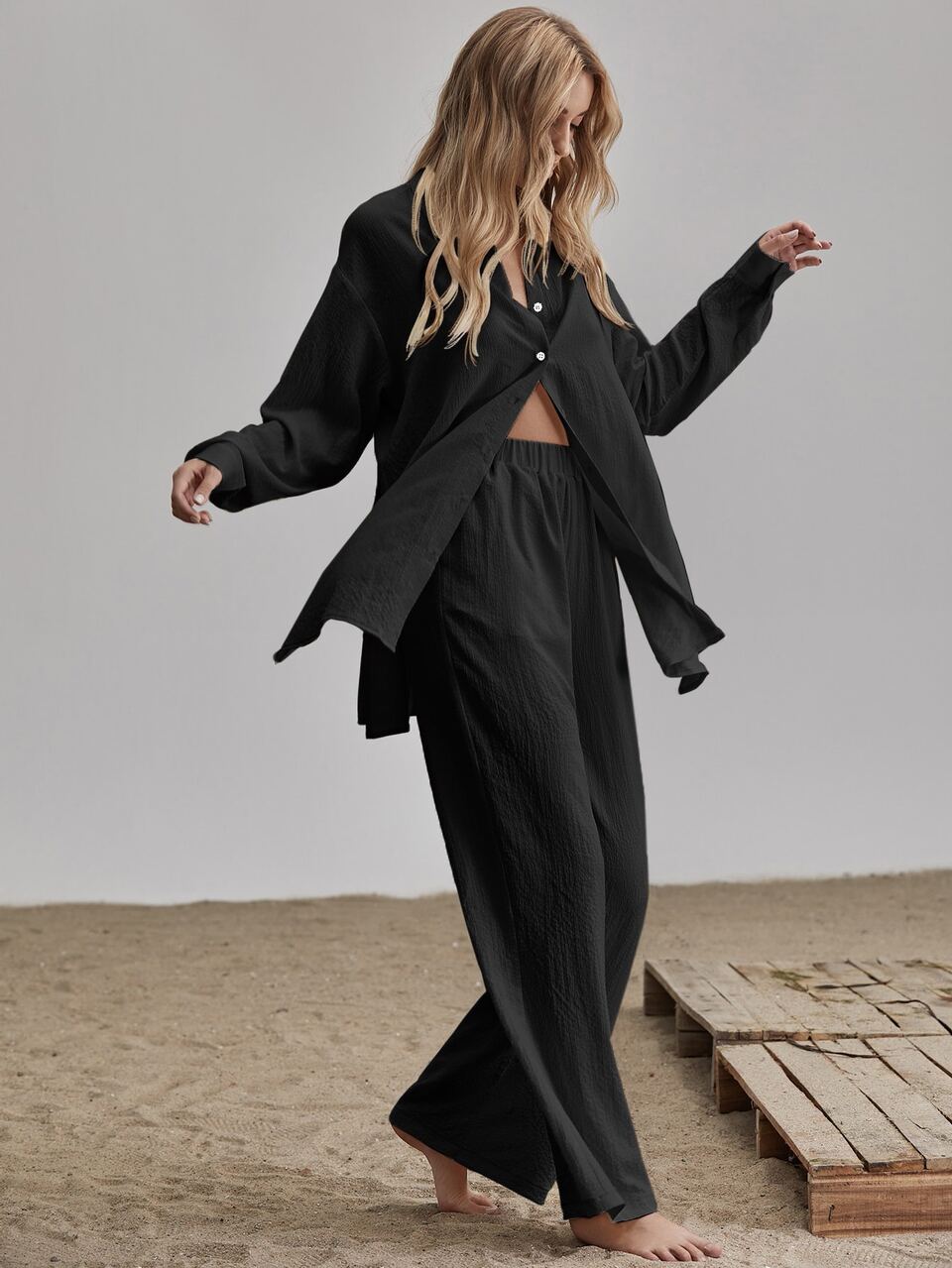 2pcs/Set Women Print Long Sleeve Shirt And Casual Airport, Vacation Outfit, Autumn Boho Winter Black Spring Holiday Resort