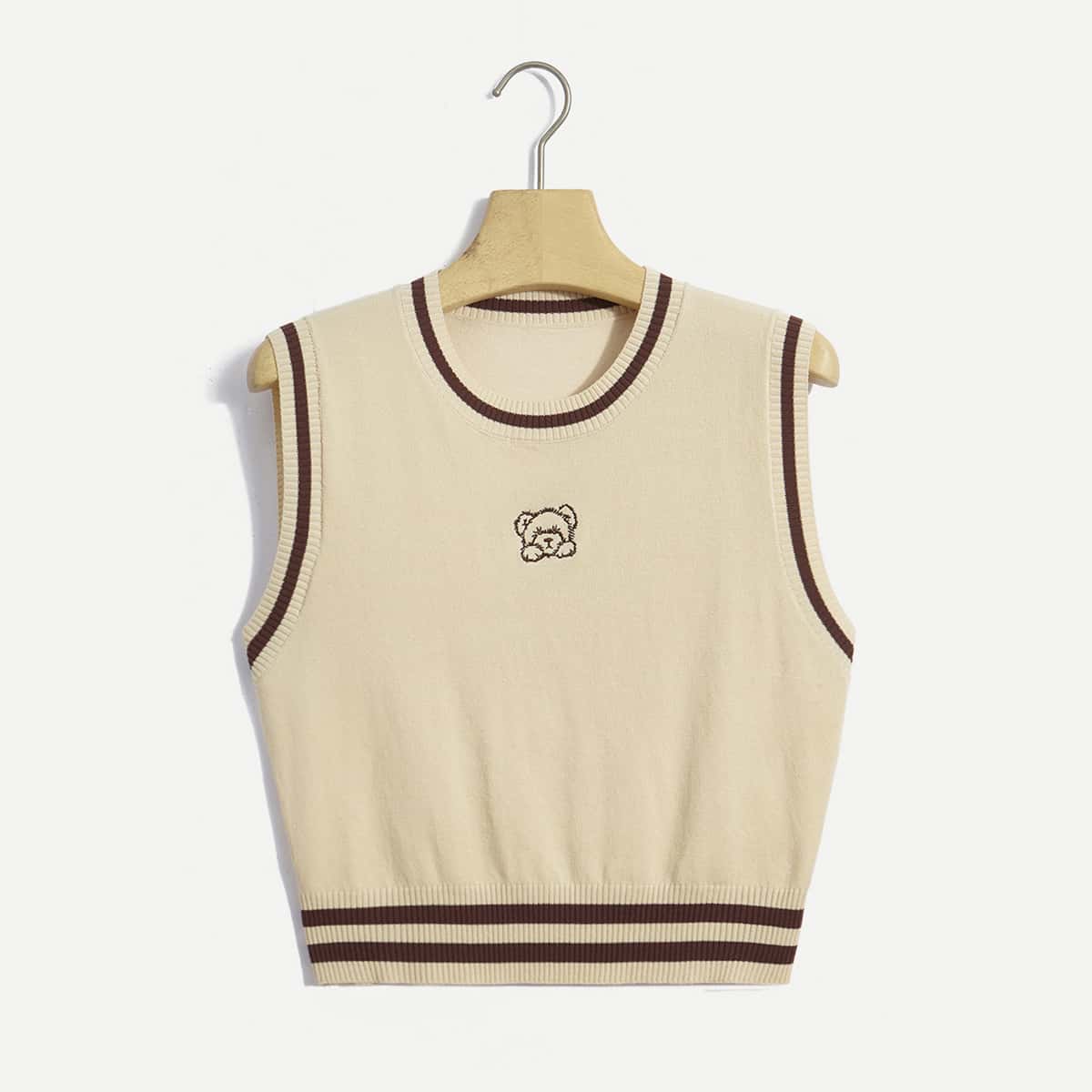 

Cartoon Bear Embroidery Sweater Vest, Khaki