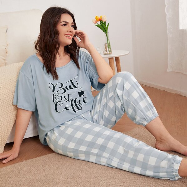 

Plus Slogan & Gingham Pajama Set, Dusty blue