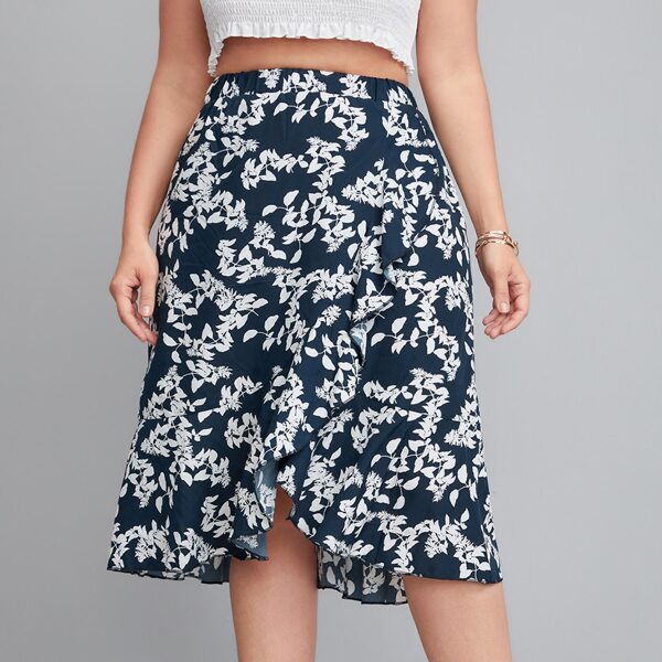 

Plus Plants Print Ruffle Trim Skirt, Blue and white
