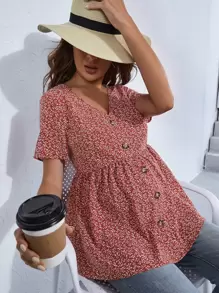 SHEIN Maternidad Top peplum de cuello V con botón delantero - Burdeos - Ver 1