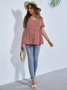 SHEIN Maternidad Top peplum de cuello V con botón delantero - Burdeos - Ver 3