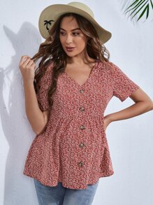 SHEIN Maternidad Top peplum de cuello V con botón delantero - Burdeos - Ver 4