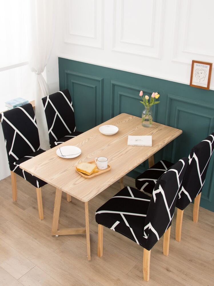 Geometric Pattern Stretchy Chair Slipcover, Simple Polyester Chair Dust Cover For Household - Black and White - View 5
