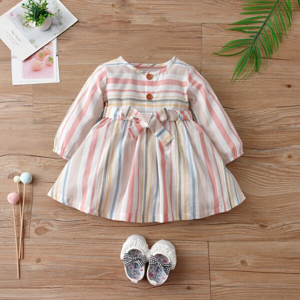 

Baby Striped Half Button Belted Flared Dress, Multicolor