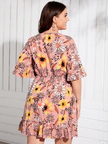 SHEIN Holidaya 大碼花卉圖案前繫帶荷葉袖荷葉邊連衣裙 - 彩色 - 查看 2