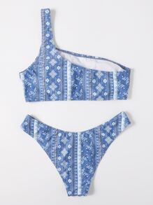 Allover Print One Shoulder Bikini - Dusty Blue - View 2
