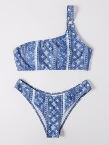 Allover Print One Shoulder Bikini - Dusty Blue - View 3