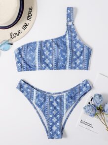 Allover Print One Shoulder Bikini - Dusty Blue - View 4