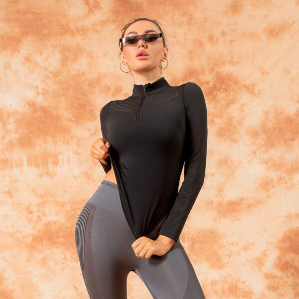 

High Stretch Half Zip Contrast Mesh Sports Tee, Black