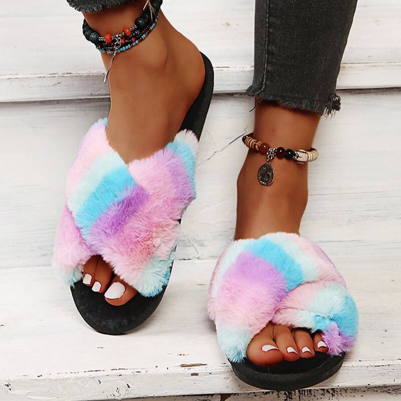 

Striped Fluffy Bedroom Slippers, Pink