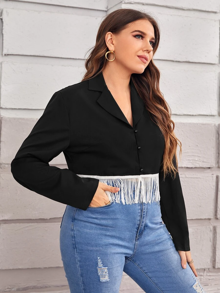 Áo vest Plus size mép Nút phía trước màu trơn Thanh lịch - màu đen - Xem 1
