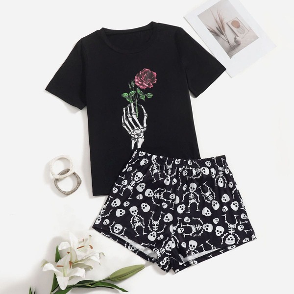 

Rose & Skeleton Print Tee & Shorts PJ Set, Black