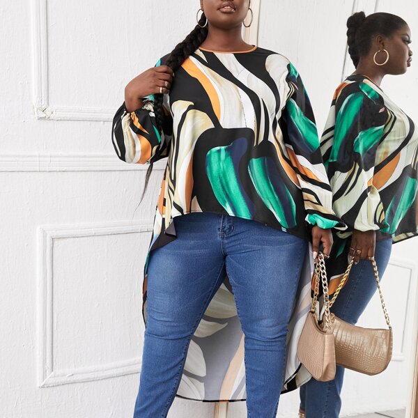 

Plus High Low Lantern Sleeve Top, Multicolor