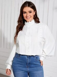 SHEIN LUNE 大碼蕾絲拼接燈籠袖襯衫 - 白色 - 查看 1