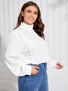 SHEIN LUNE 大碼蕾絲拼接燈籠袖襯衫 - 白色 - 查看 4