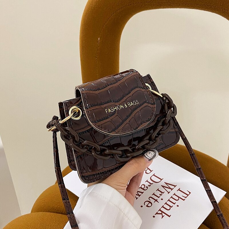 

Croc Embossed Chain Satchel Bag, Coffee brown
