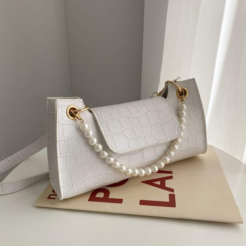

Croc Embossed Baguette Bag, White