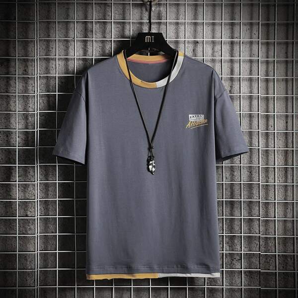 

Men Contrast Binding Letter Graphic Tee, Dusty blue