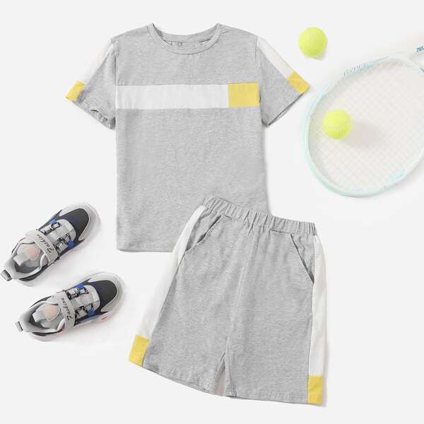 

Boys Colorblock Tee & Contrast Sideseam Track Shorts Set, Light grey