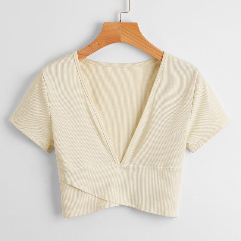

Solid Plunging Neck Crop Tee, Beige