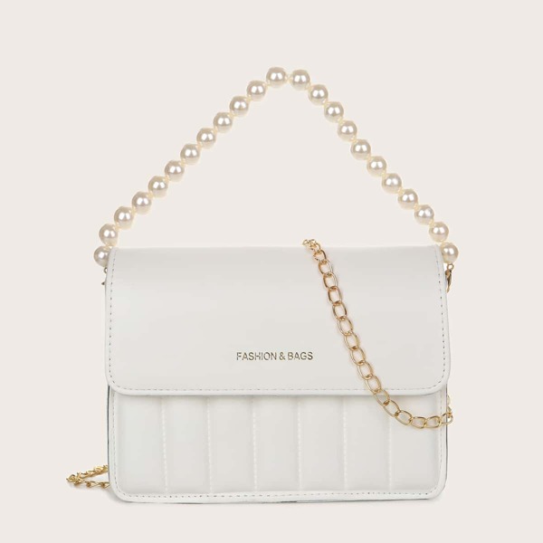 

Faux Pearl Decor Quilted Chain Satchel Bag, White