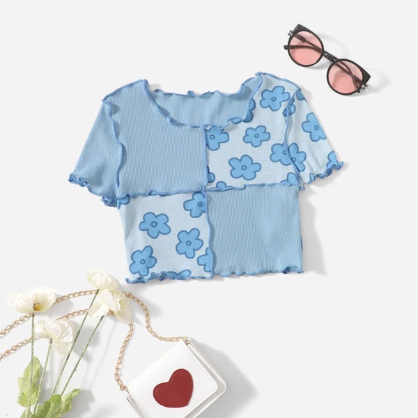 

Girls Floral Print Lettuce Trim Tee, Baby blue