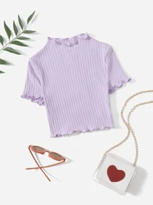 SHEIN Tween Girl Classic Basic Short Sleeve T-Shirt With Scallop Hem Round Neckline - Lilac Purple - View 1
