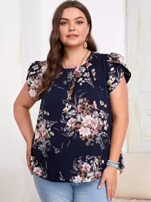 SHEIN Clasi Plus Floral Print Petal Sleeve Keyhole Back Top - Multicolor - View 1