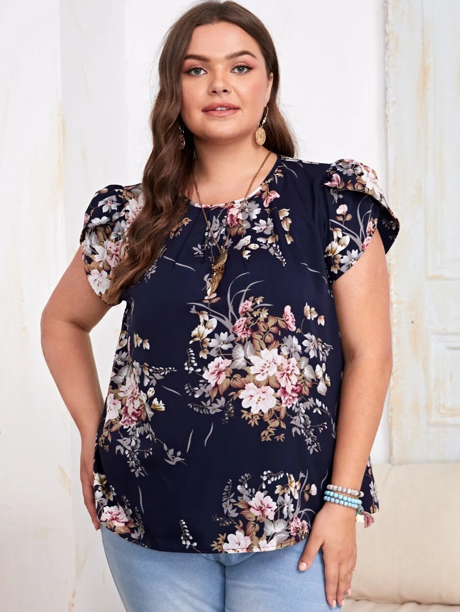 SHEIN Clasi Plus Floral Print Petal Sleeve Keyhole Back Top - Multicolor - View 1