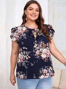 SHEIN Clasi Plus Floral Print Petal Sleeve Keyhole Back Top - Multicolor - View 3