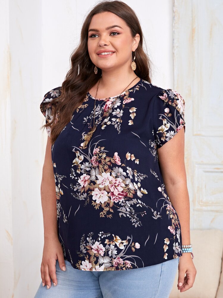 SHEIN Clasi Plus Floral Print Petal Sleeve Keyhole Back Top - Multicolor - View 4