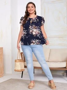 SHEIN Clasi Plus Floral Print Petal Sleeve Keyhole Back Top - Multicolor - View 5