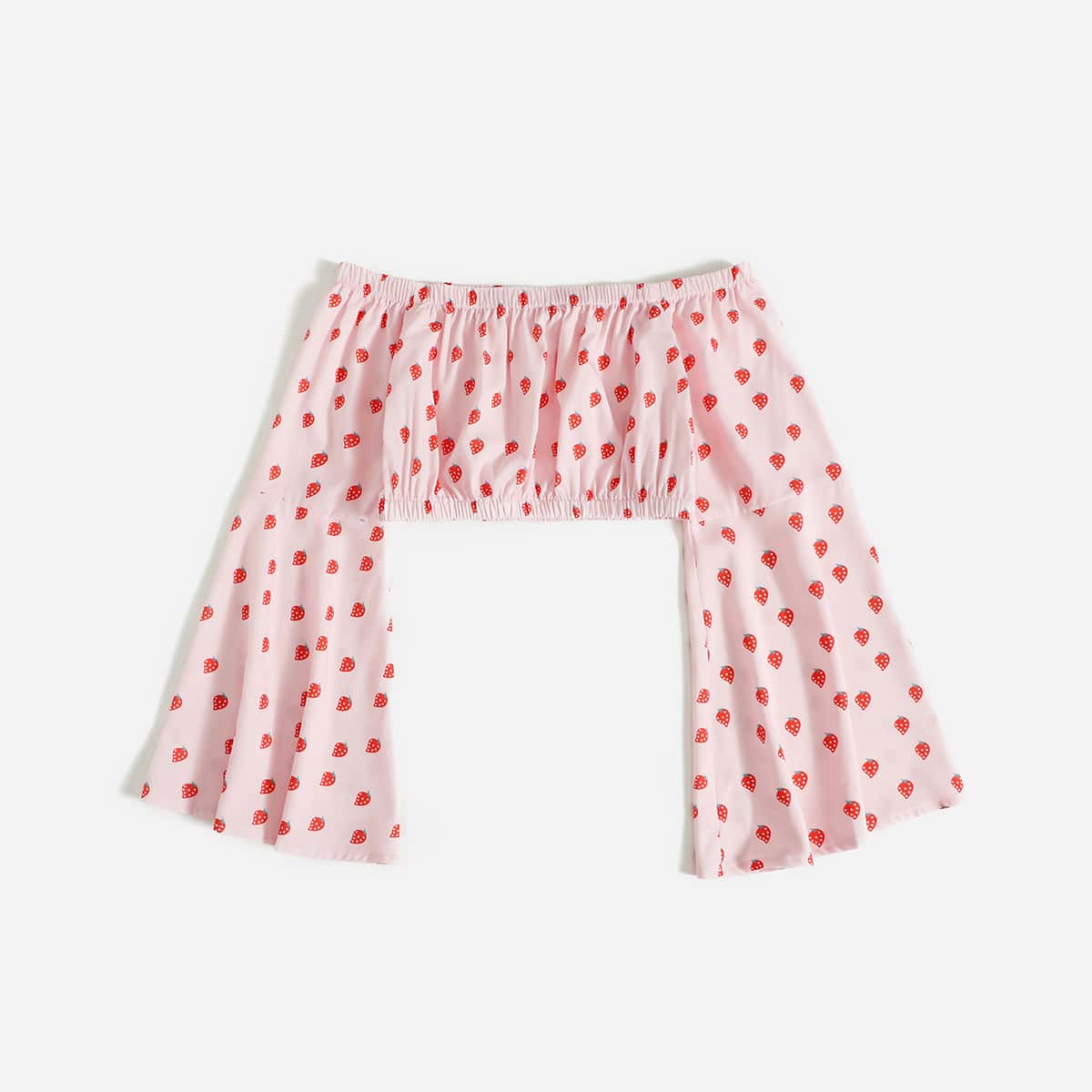 

Strawberry Print Off The Shoulder Bell Sleeve Blouse, Baby pink