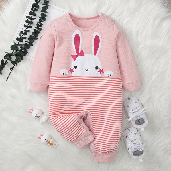 

Baby Striped Rabbit Print Jumpsuit, Baby pink