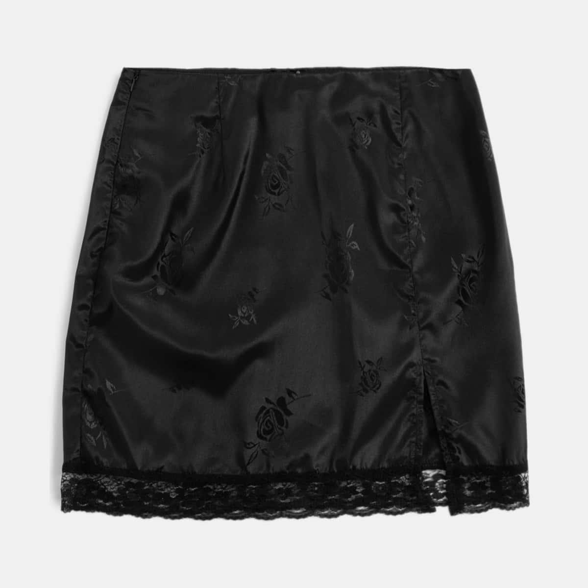 

Solid Lace Trim Satin Skirt, Black