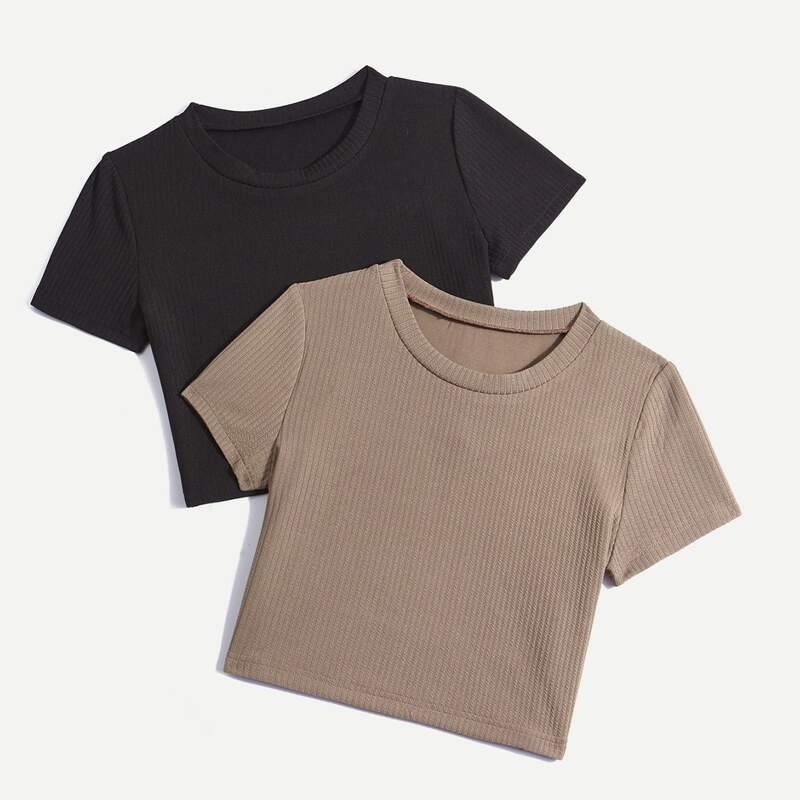 

2pcs Solid Rib-Knit Crop Tee, Multicolor