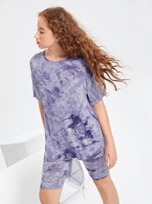SHEIN 青少年女孩紮染T恤和機車短褲套裝 - 彩色 - 查看 3