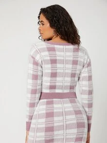 SHEIN Plaid Pattern Drop Shoulder Crop Cardigan - Multicolor - View 2