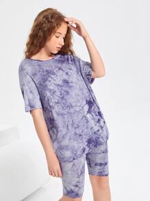 SHEIN 青少年女孩紮染T恤和機車短褲套裝 - 彩色 - 查看 4
