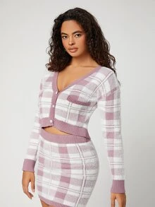 SHEIN Plaid Pattern Drop Shoulder Crop Cardigan - Multicolor - View 4