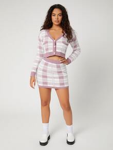 SHEIN Plaid Pattern Drop Shoulder Crop Cardigan - Multicolor - View 5