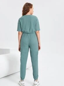 SHEIN 青少年女孩落肩素色短版上衣和翻蓋口袋褲子套裝 - 薄荷綠 - 查看 2