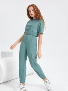 SHEIN 青少年女孩落肩素色短版上衣和翻蓋口袋褲子套裝 - 薄荷綠 - 查看 3