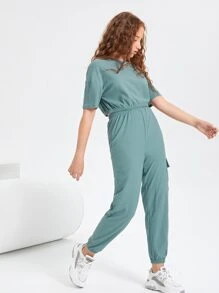 SHEIN 青少年女孩落肩素色短版上衣和翻蓋口袋褲子套裝 - 薄荷綠 - 查看 4