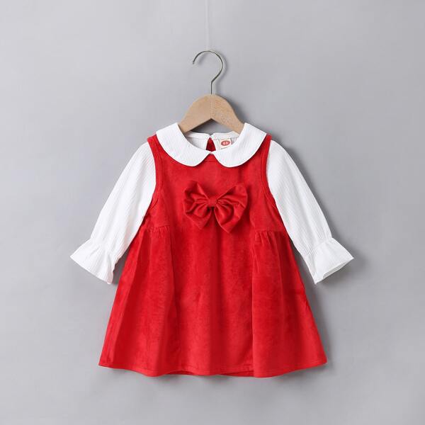 

Baby Doll Neck Tee & Velvet Bow Dress, Red and white