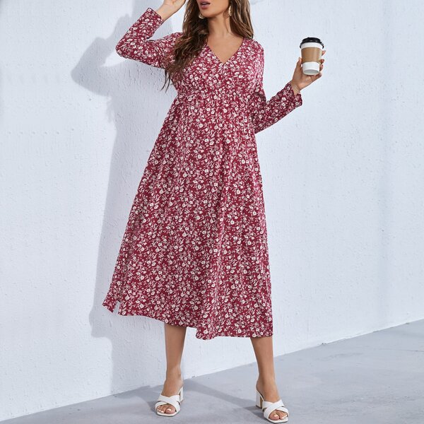 

Maternity V Neck Floral Print A-Line Dress, Red and white