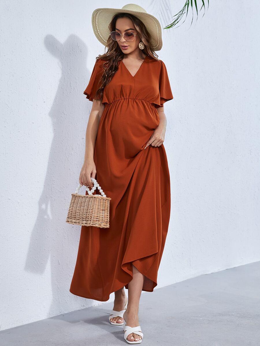 SHEIN Maternity V Neck Butterfly Sleeve Dress - Rust Brown - View 1