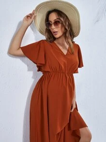 SHEIN Maternity V Neck Butterfly Sleeve Dress - Rust Brown - View 3