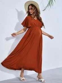 SHEIN Maternity V Neck Butterfly Sleeve Dress - Rust Brown - View 4